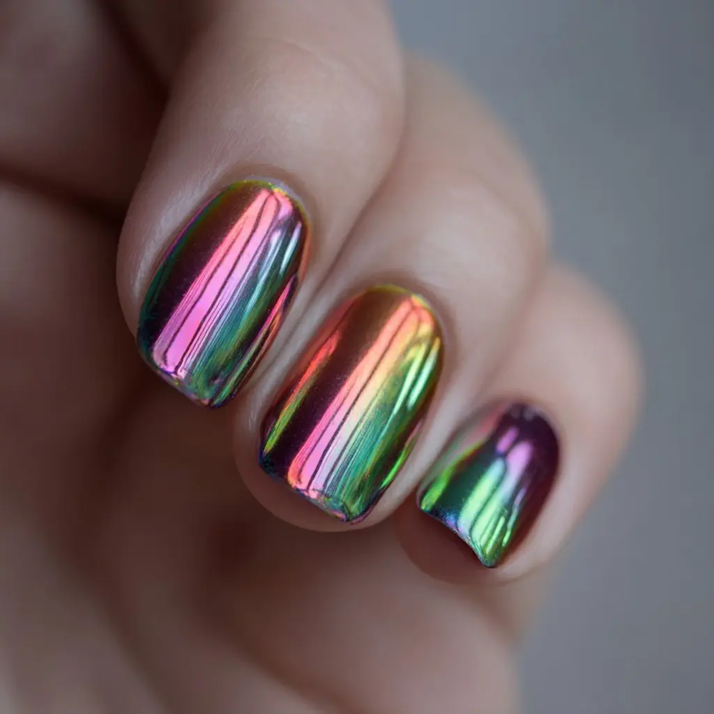 metallic and pastel square medium nails with abstract and glossy