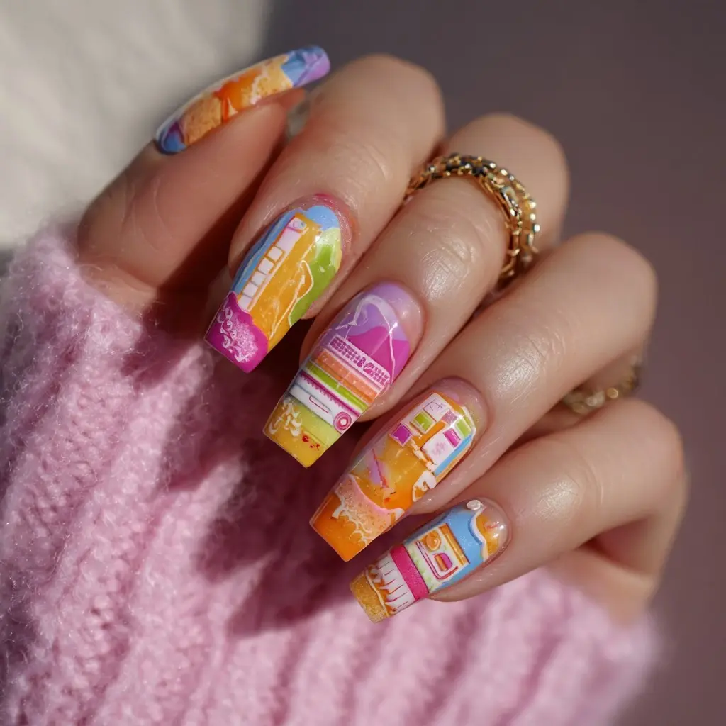 pink and orange coffin medium nails with floral and abstract
