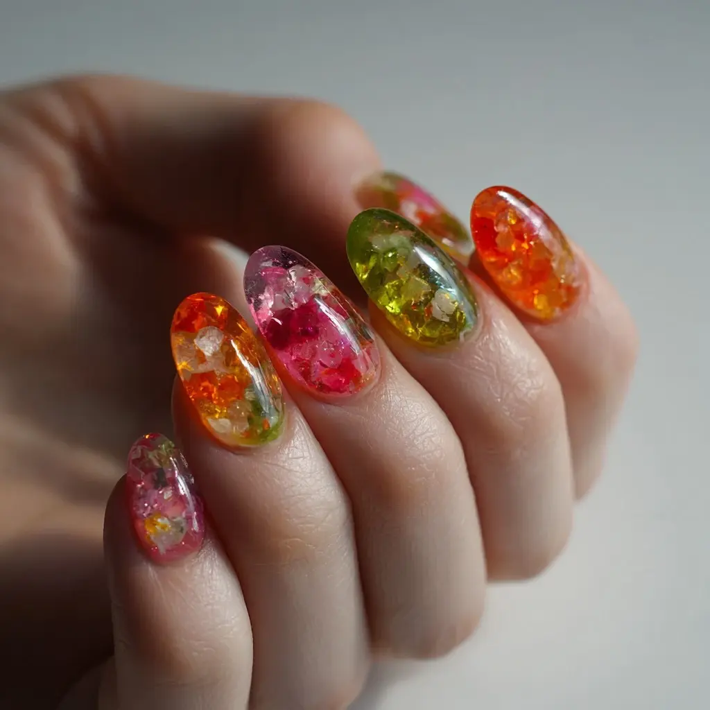 red and yellow coffin long nails with glitter and glossy