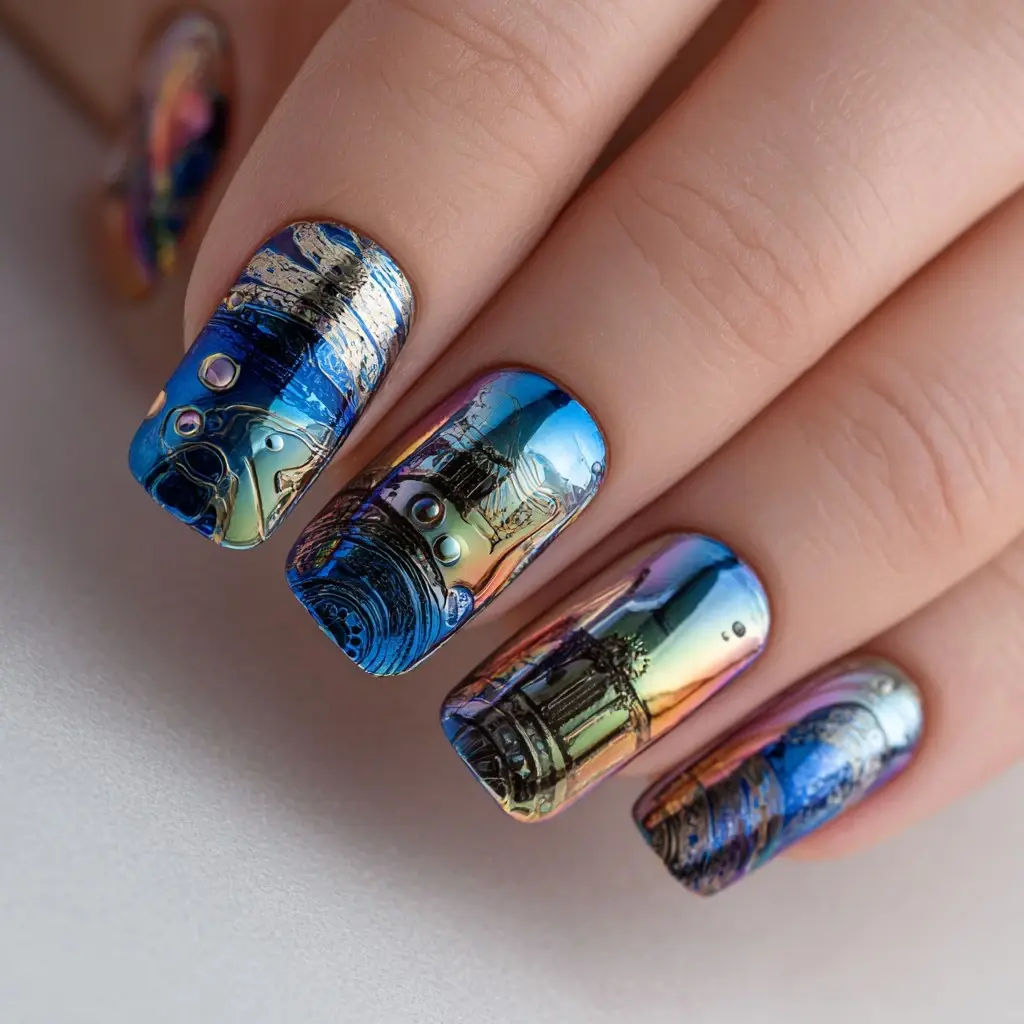 metallic and pastel coffin long nails with abstract and glossy