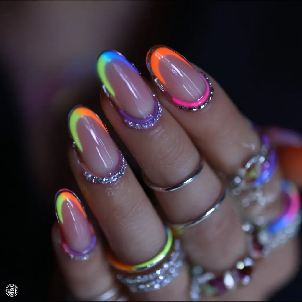 pink and orange coffin long nails with abstract and glossy