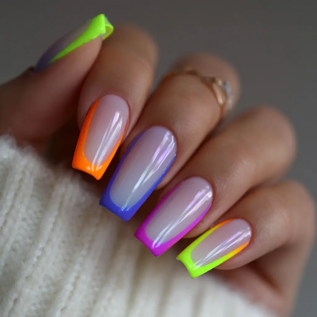 pink and purple coffin medium nails with abstract and glossy