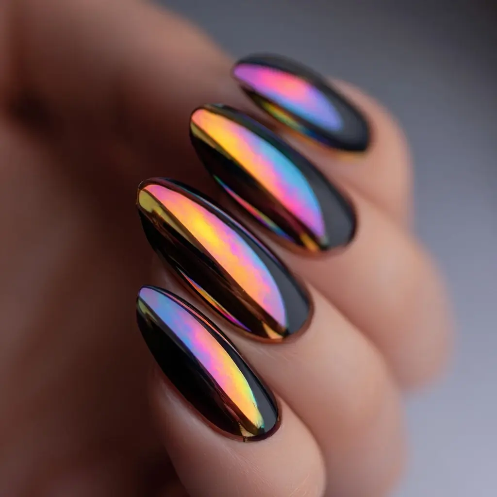 metallic coffin long nails with abstract and glossy