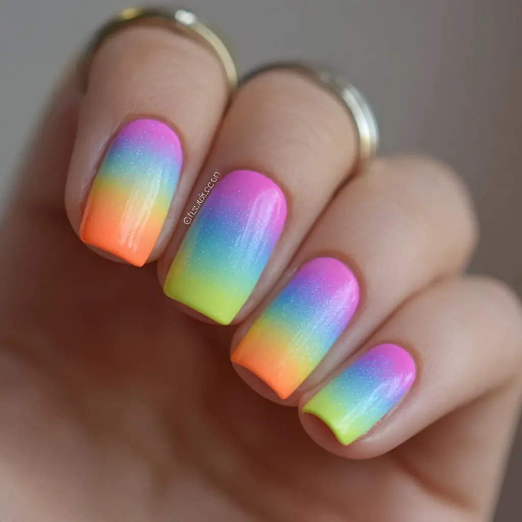 pink and orange square medium nails with abstract and glossy