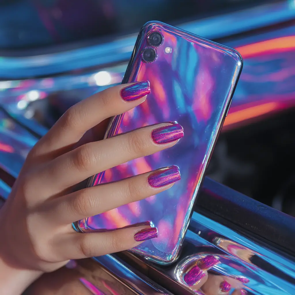 purple and pink square medium nails with abstract and glossy