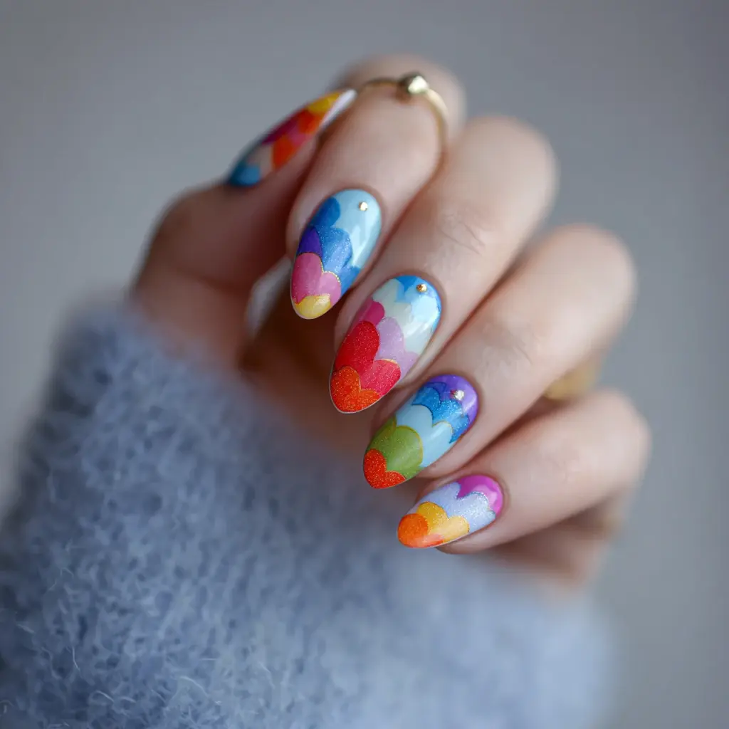 red and blue coffin long nails with abstract and geometric