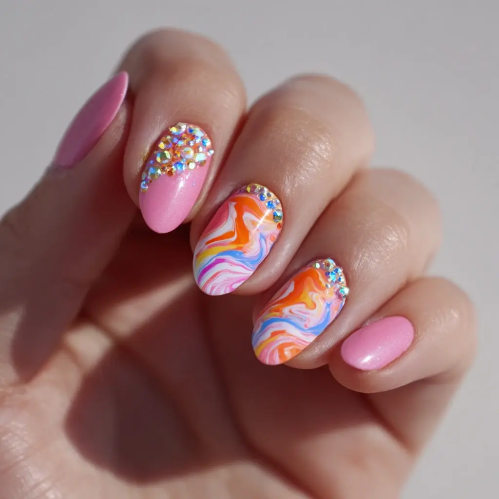 pink and orange almond medium nails with abstract and glossy