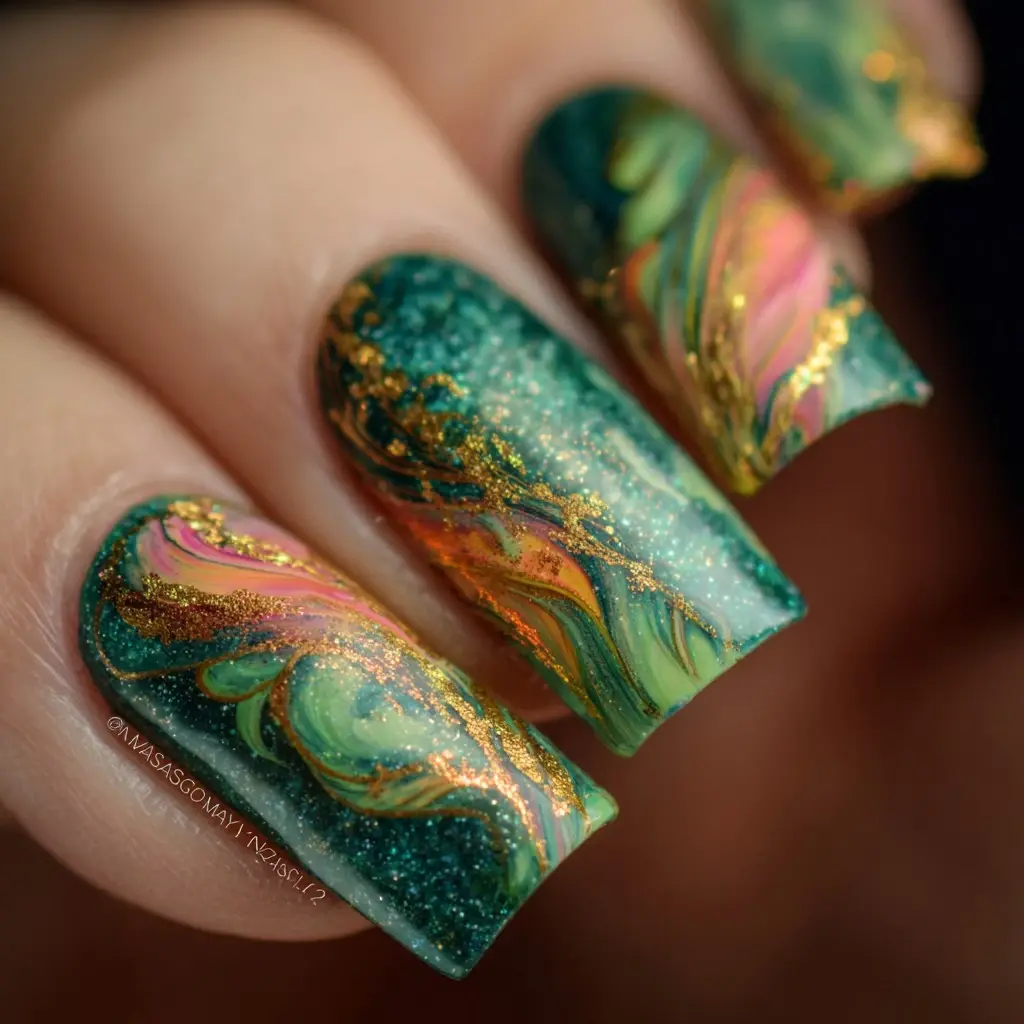 green and pink coffin long nails with abstract and glitter