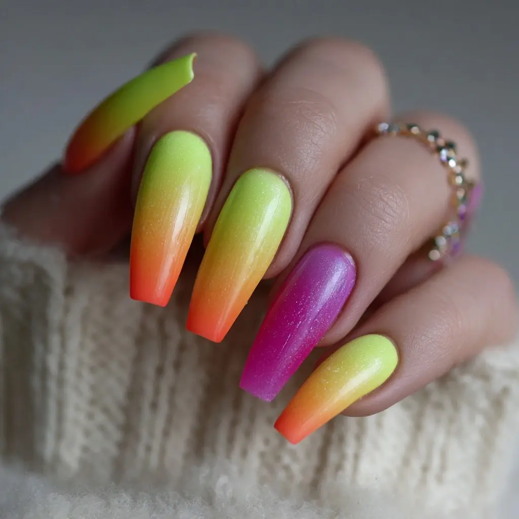 yellow and orange coffin long nails with abstract and ombre