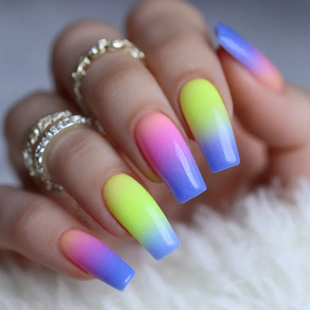 yellow and pink coffin long nails with abstract and glossy