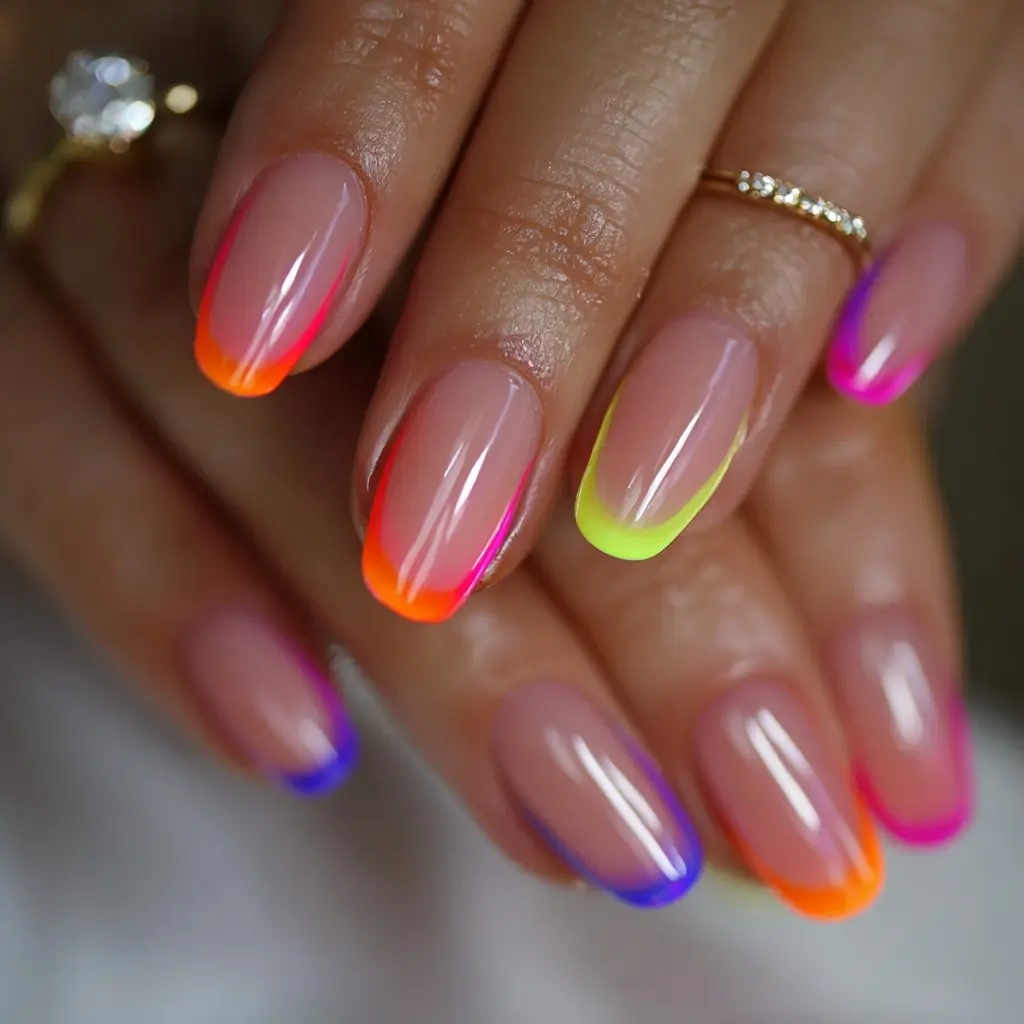 pink and orange coffin medium nails with abstract and glossy