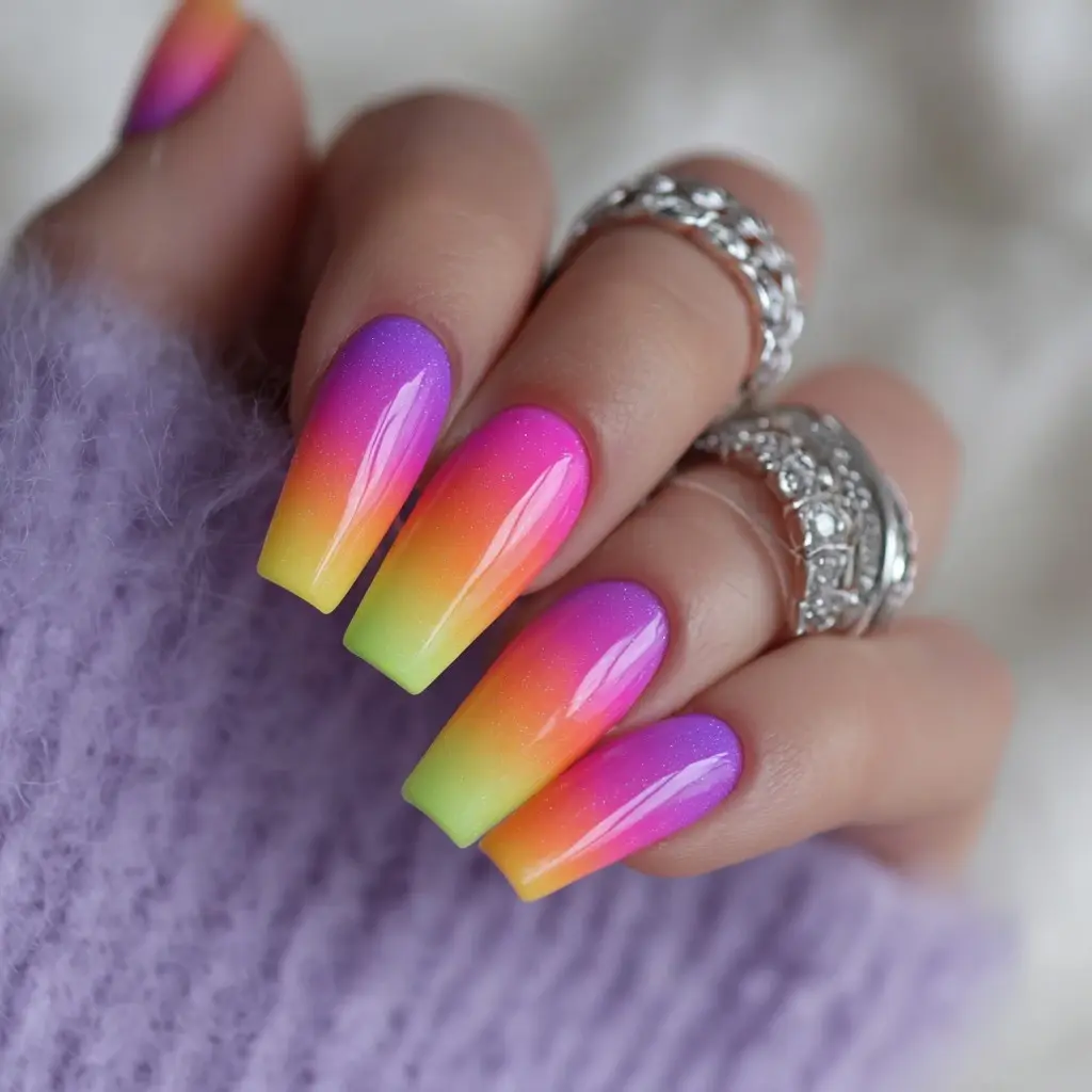 pink and yellow coffin long nails with abstract and glossy