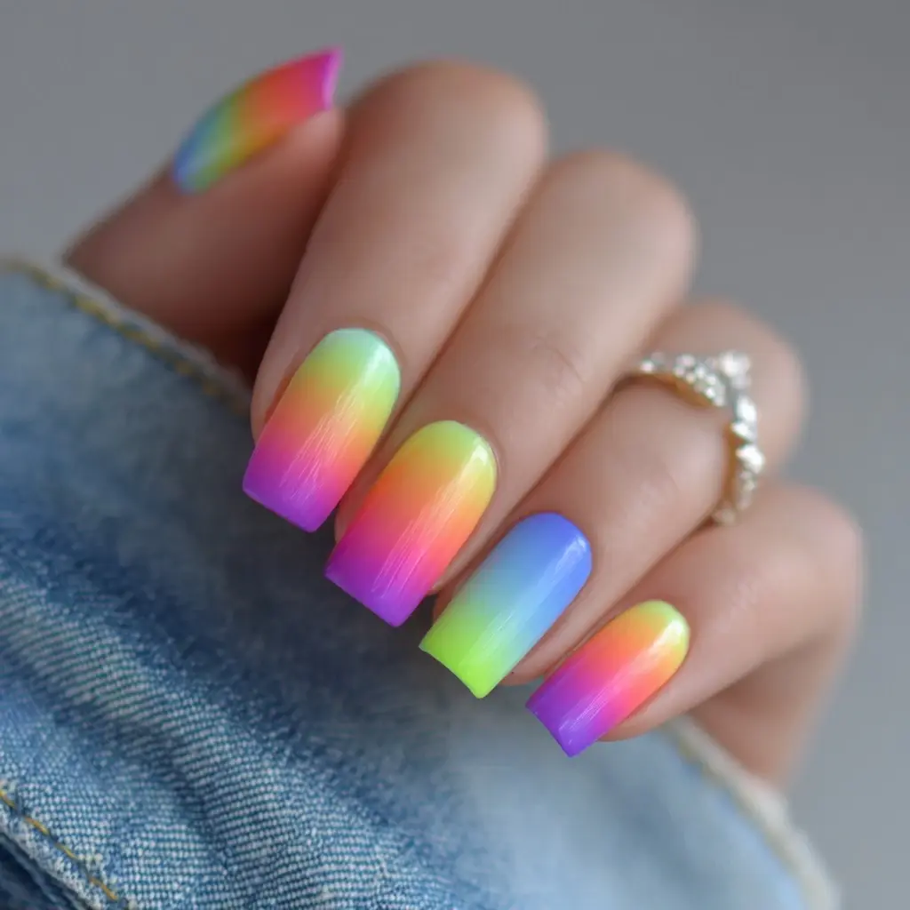 red and yellow square medium nails with abstract and ombre