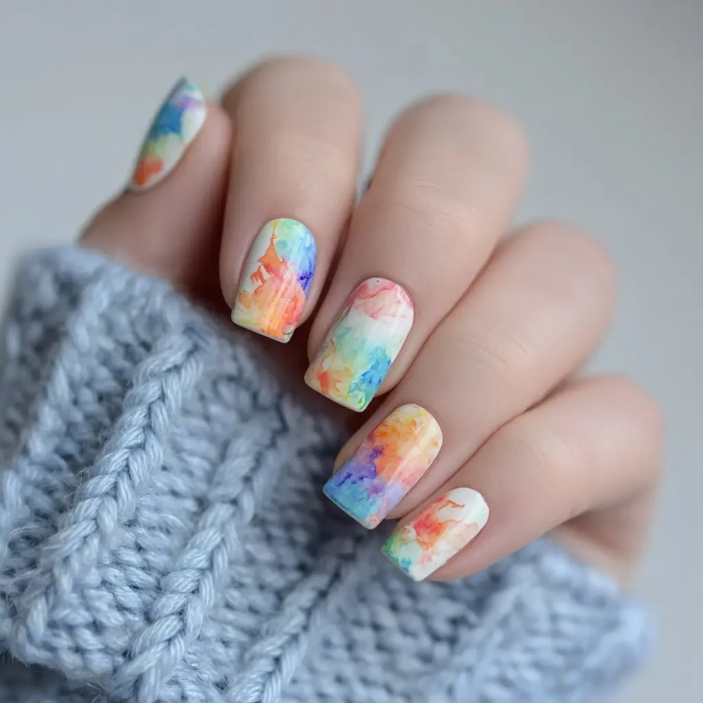 red and blue square medium nails with abstract and glossy