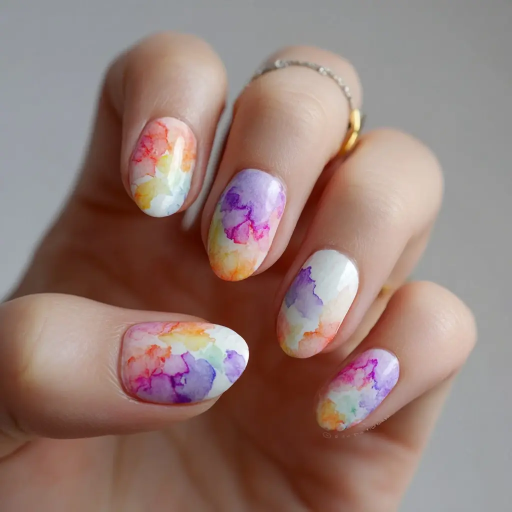 pink and purple square medium nails with abstract and glossy