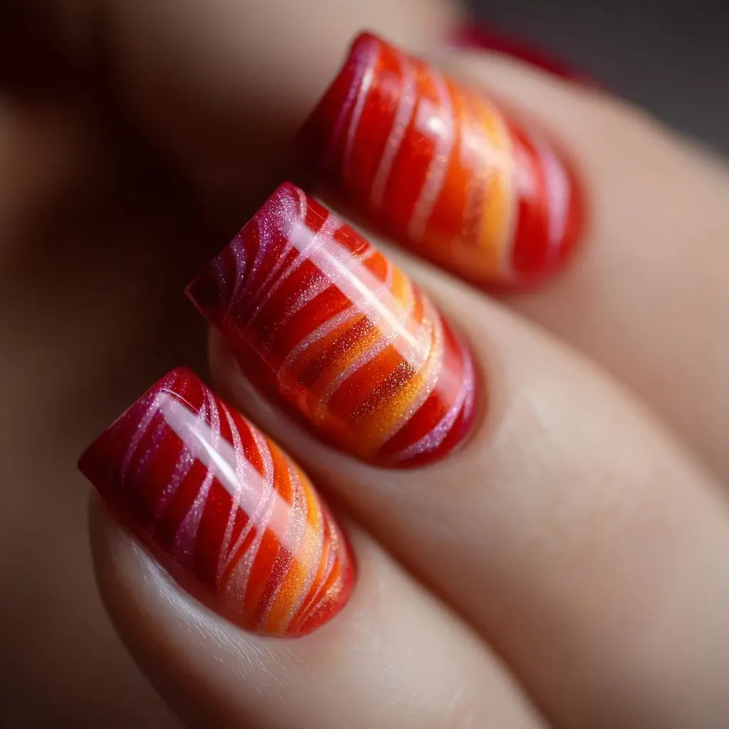 red and orange square medium nails with abstract and glossy