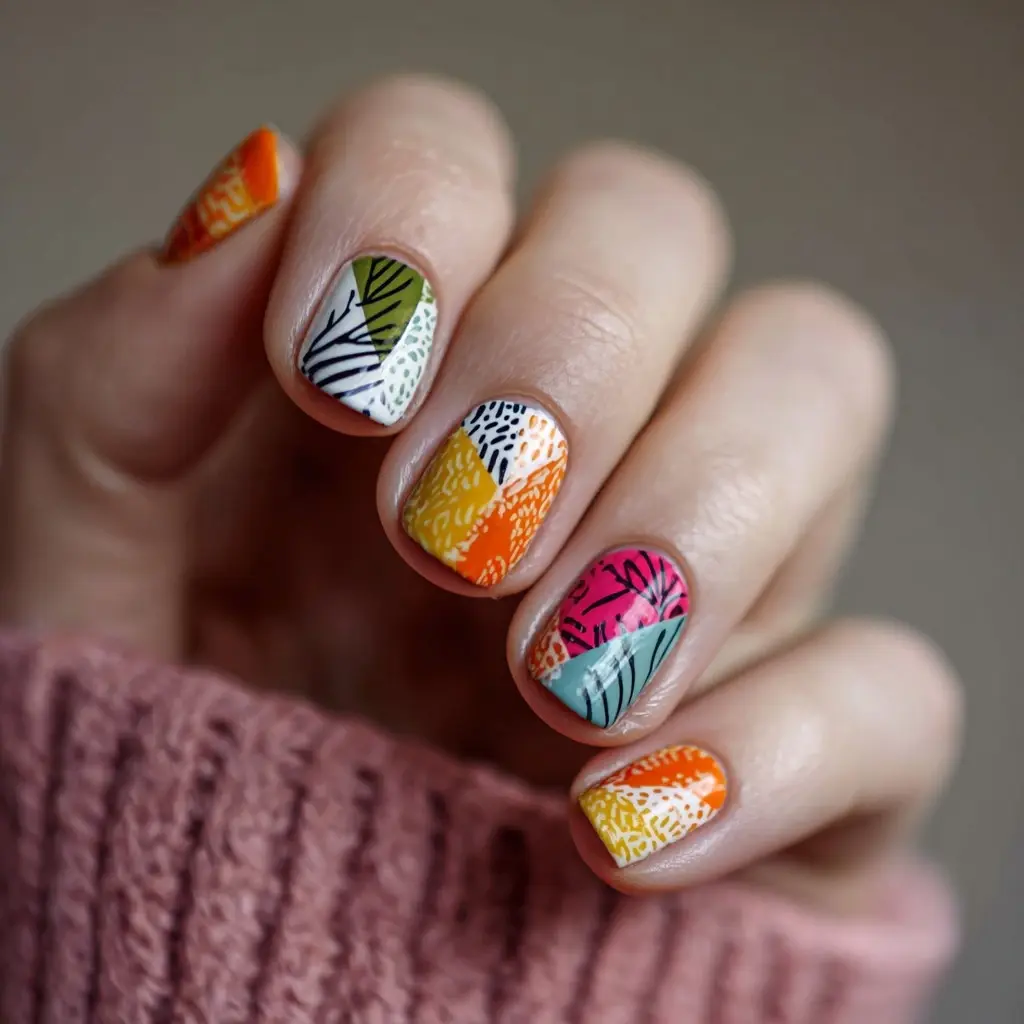 pink and yellow almond medium nails with floral and abstract