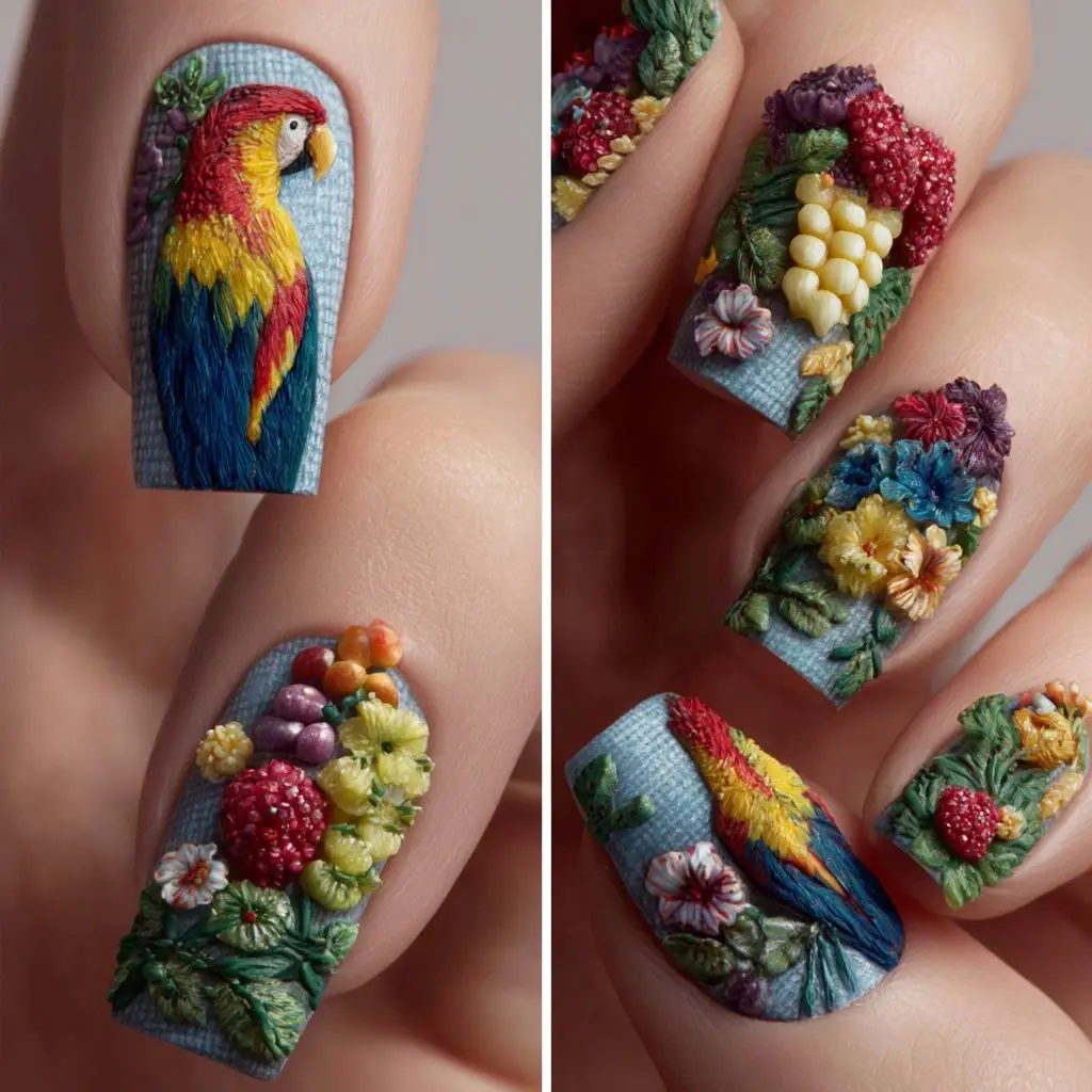 red and yellow coffin long nails with floral and 3d