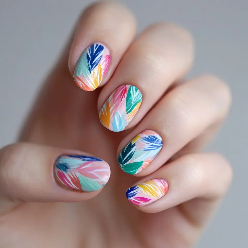 pink and blue square medium nails with floral and abstract