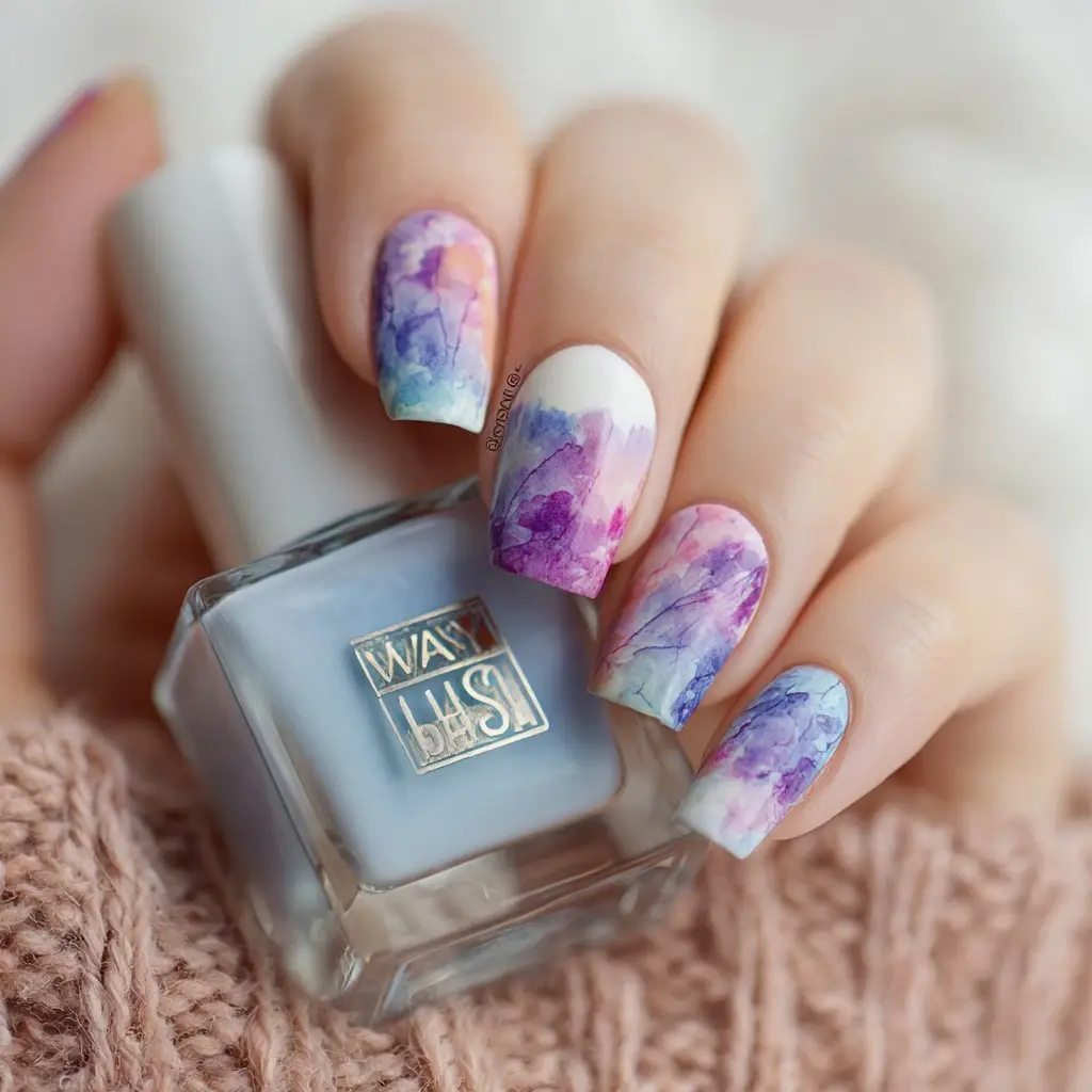 blue and purple coffin medium nails with abstract and glossy