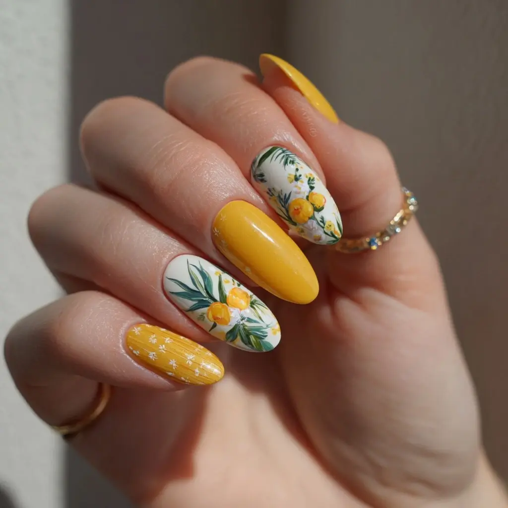 yellow and green almond medium nails with floral and abstract