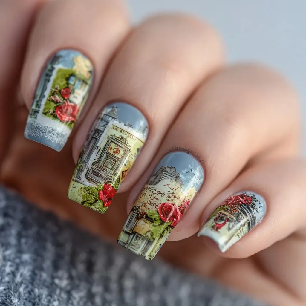 red and blue coffin medium nails with floral and abstract