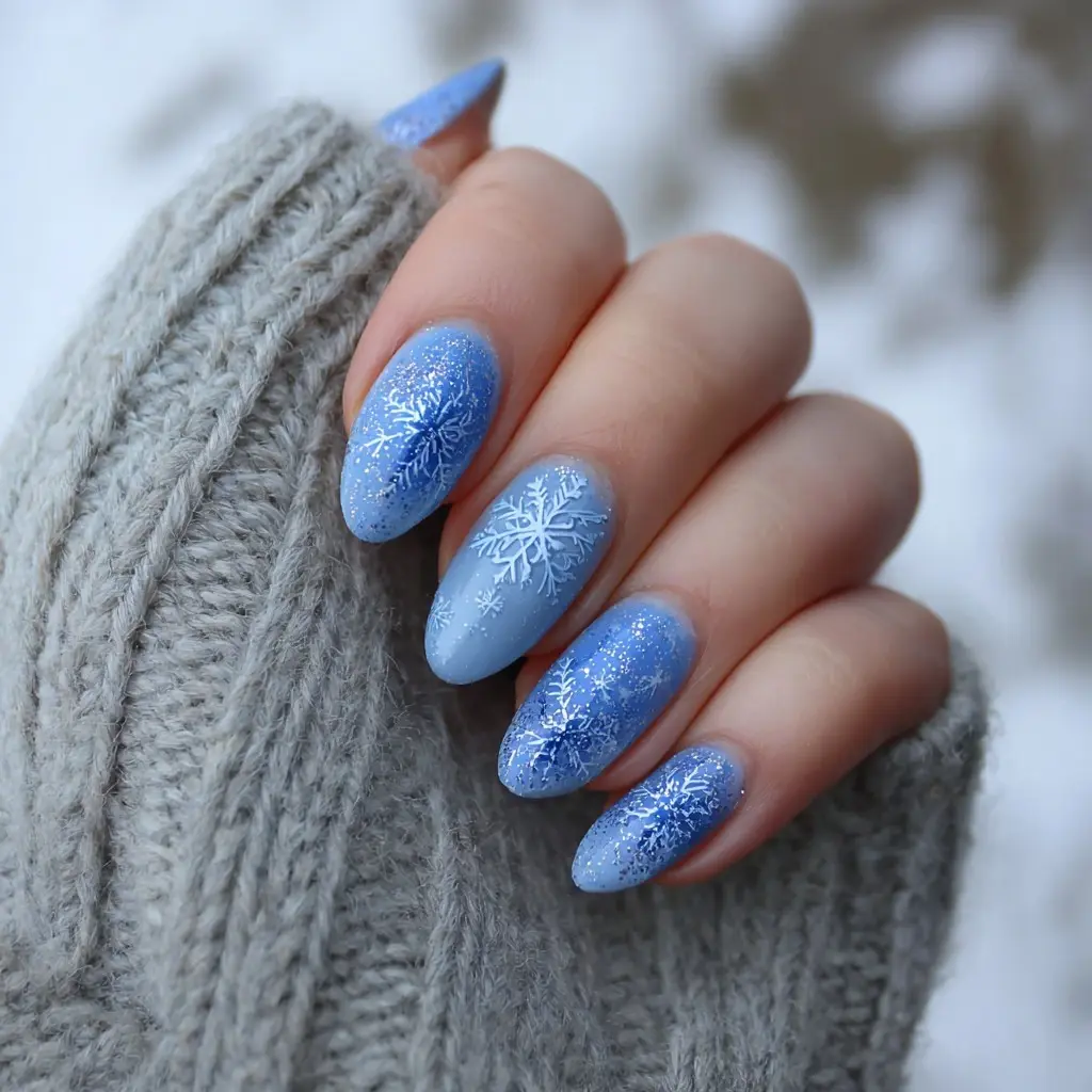 blue and white almond medium nails with abstract and glossy