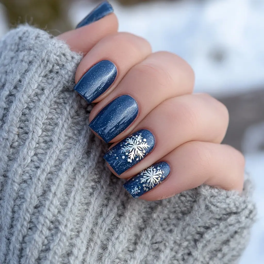 blue and white coffin long nails with glitter and abstract