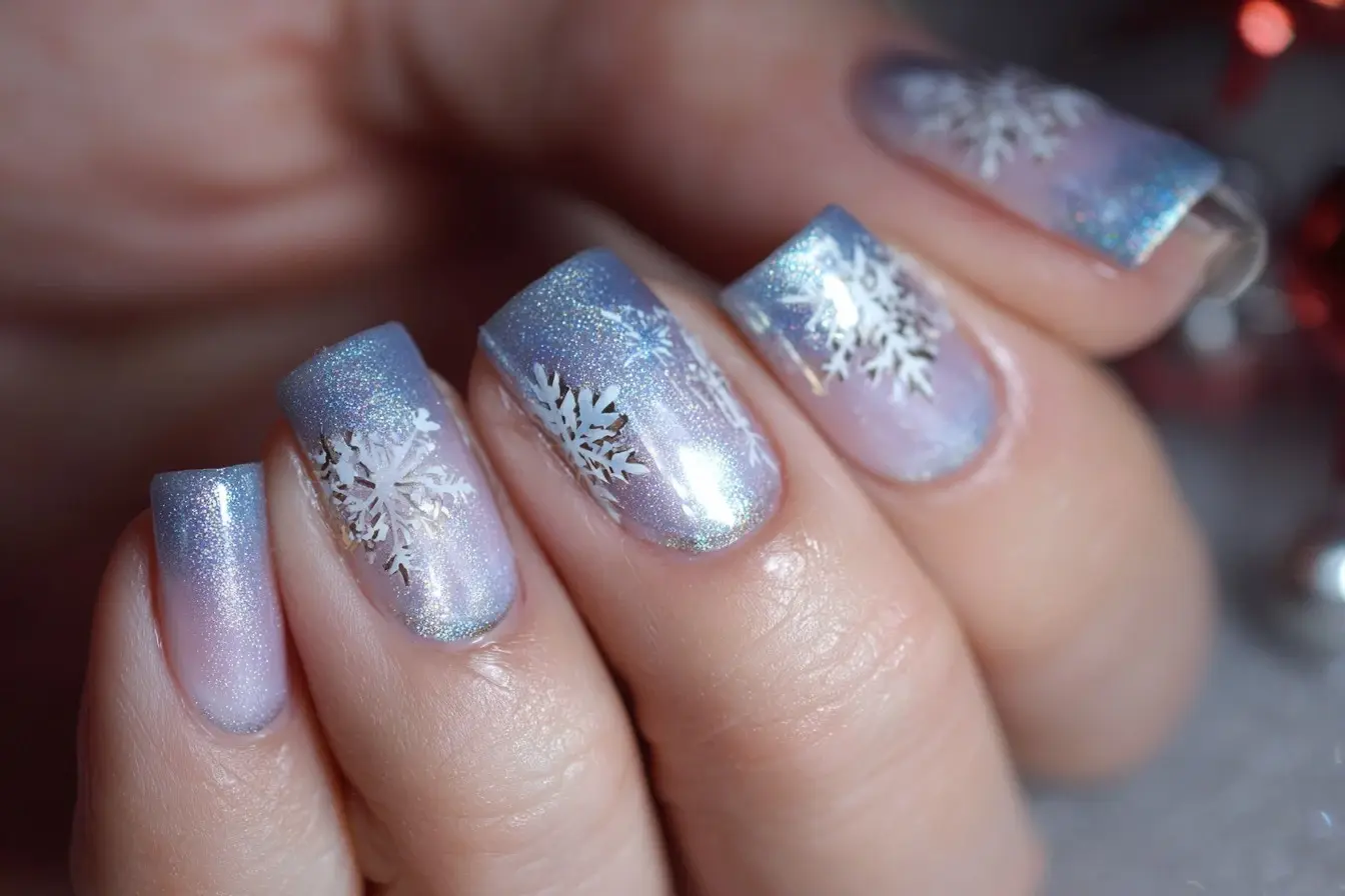blue and white coffin long nails with glitter and abstract