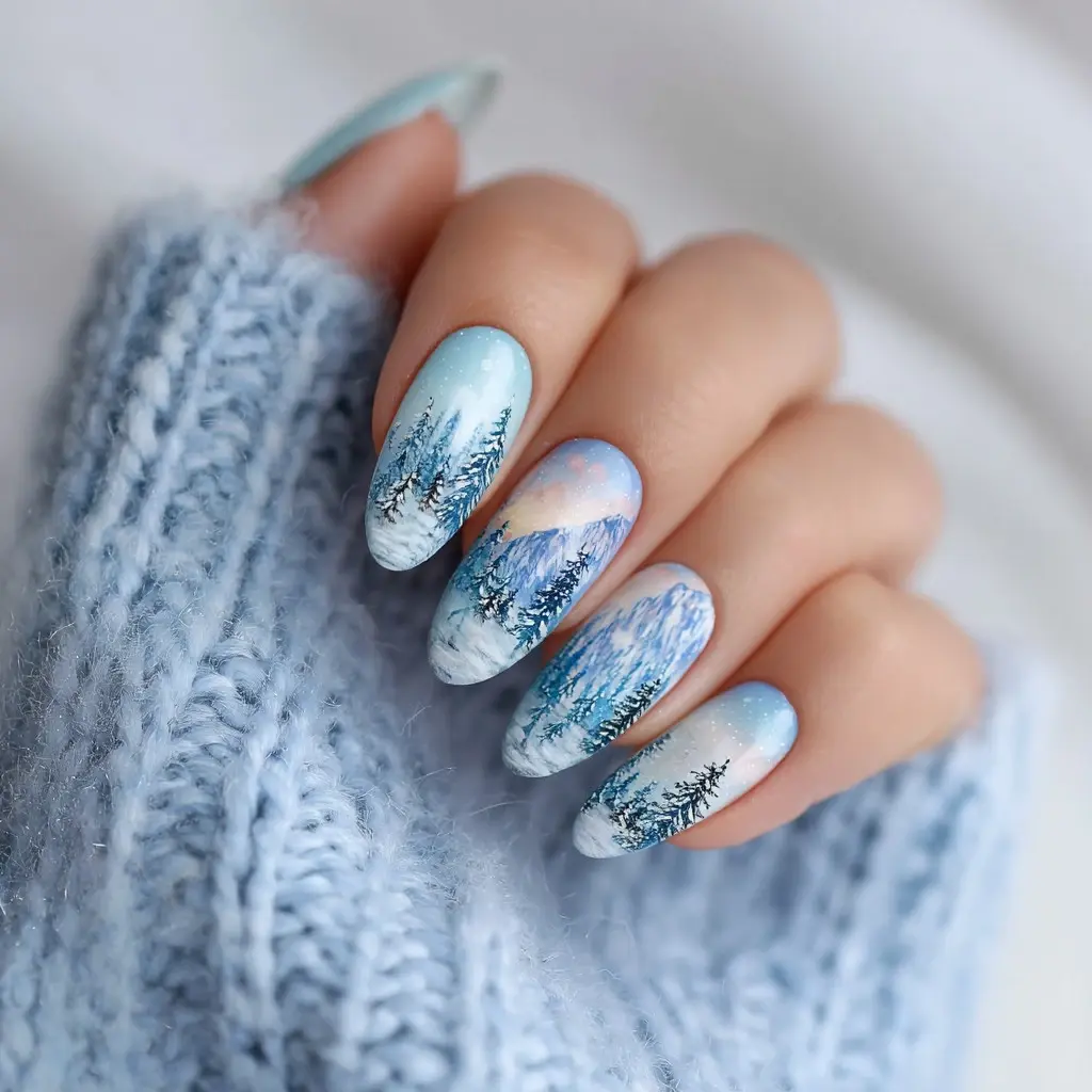 blue and white almond medium nails with abstract and geometric