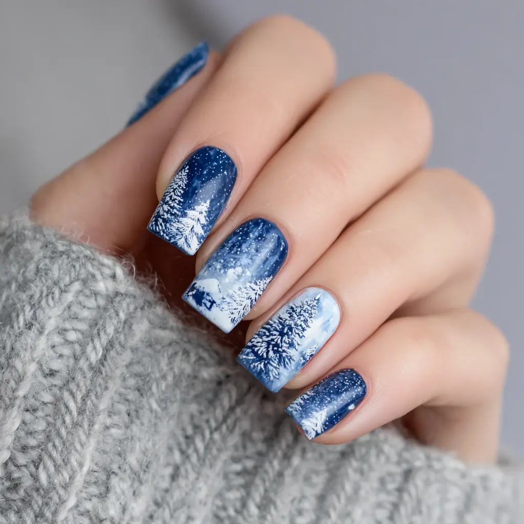 blue and white almond medium nails with abstract and floral