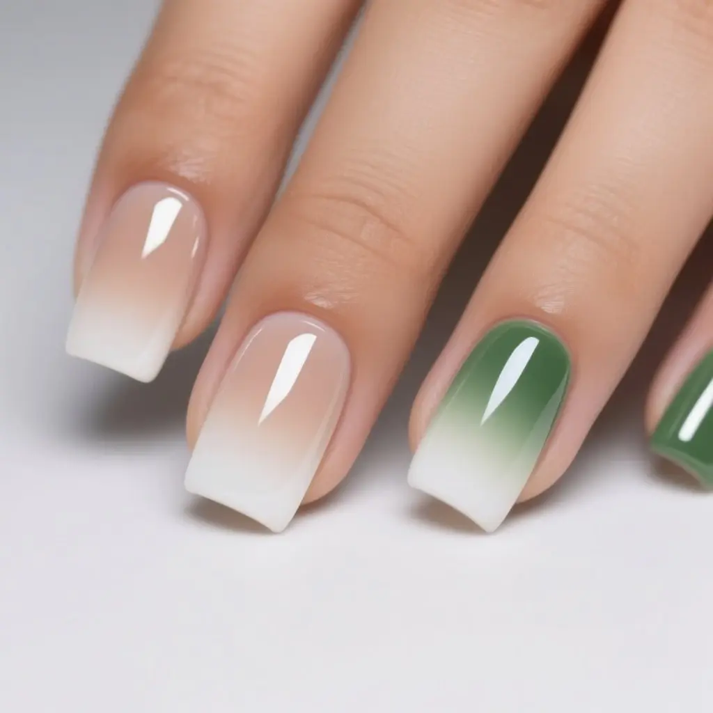 nude and white square medium nails with ombre