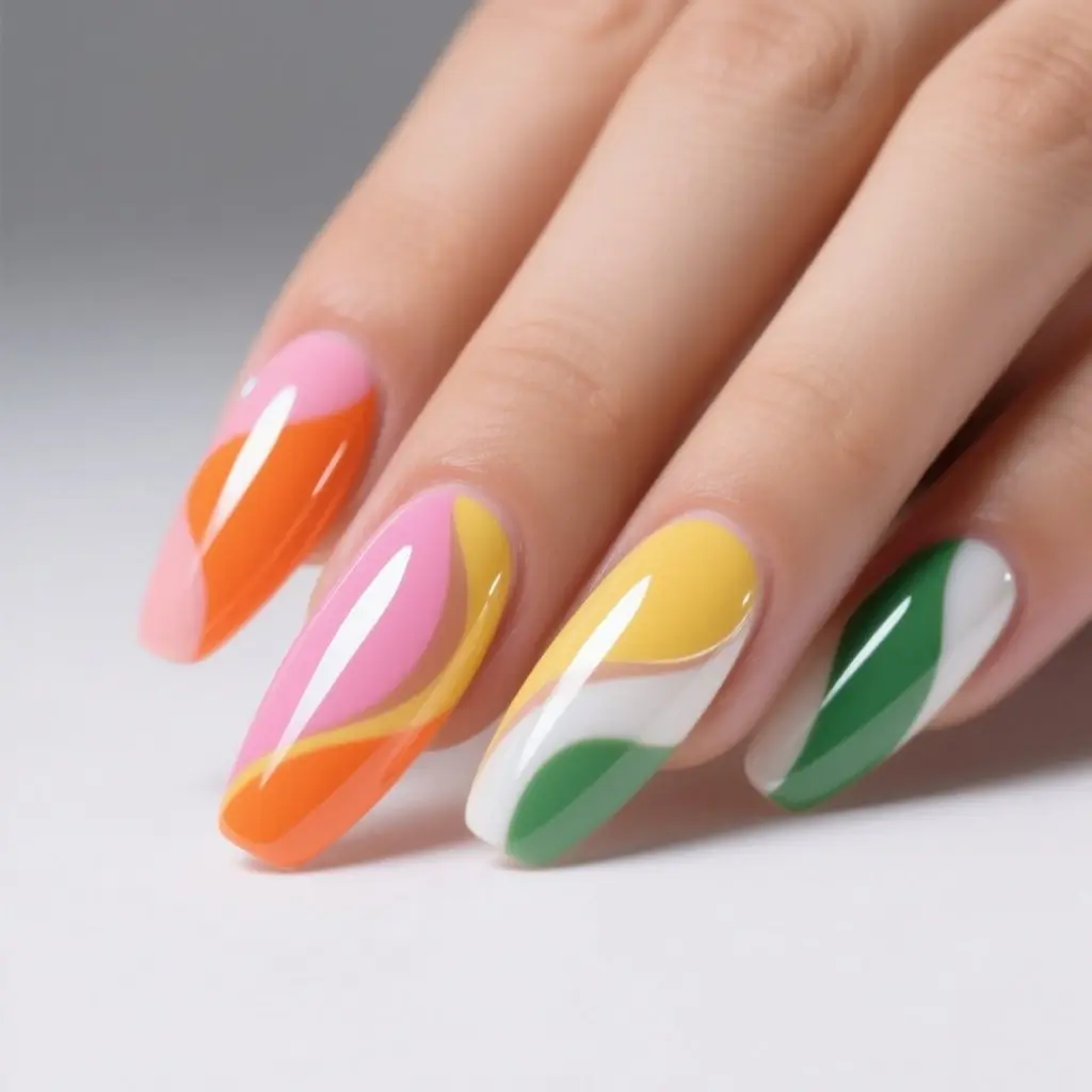 orange and pink coffin medium nails with abstract