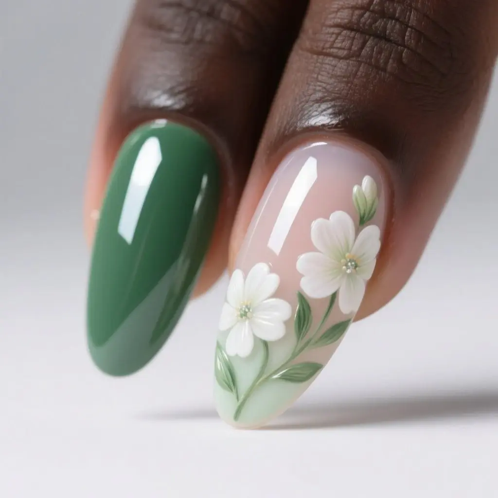 green and white coffin medium nails with floral
