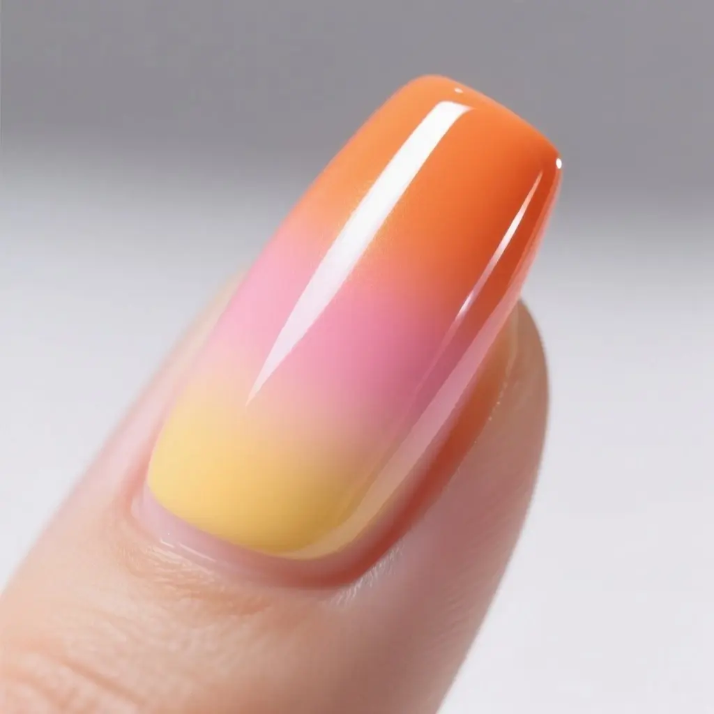 orange and pink almond medium nails with ombre