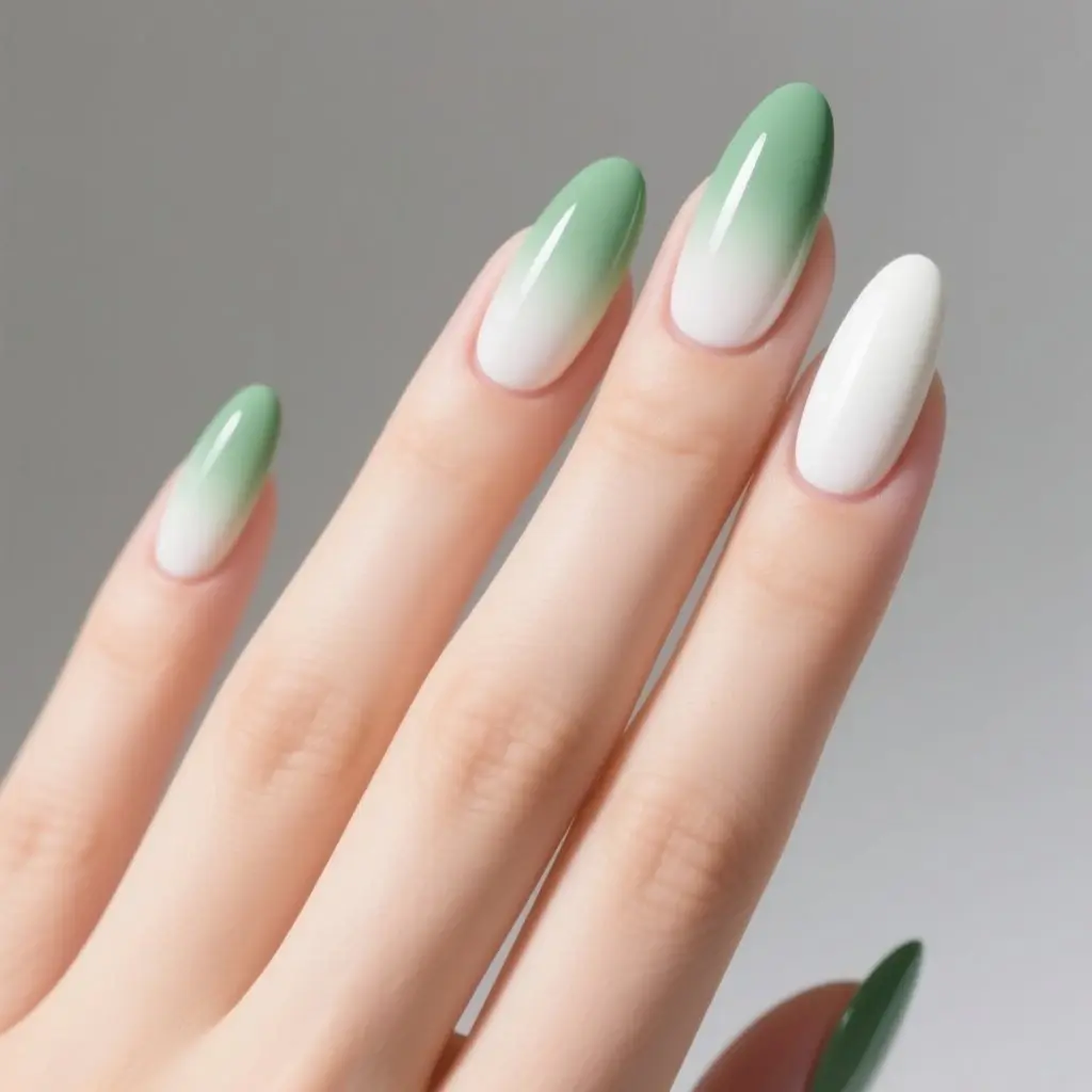green and white oval long nails with ombre