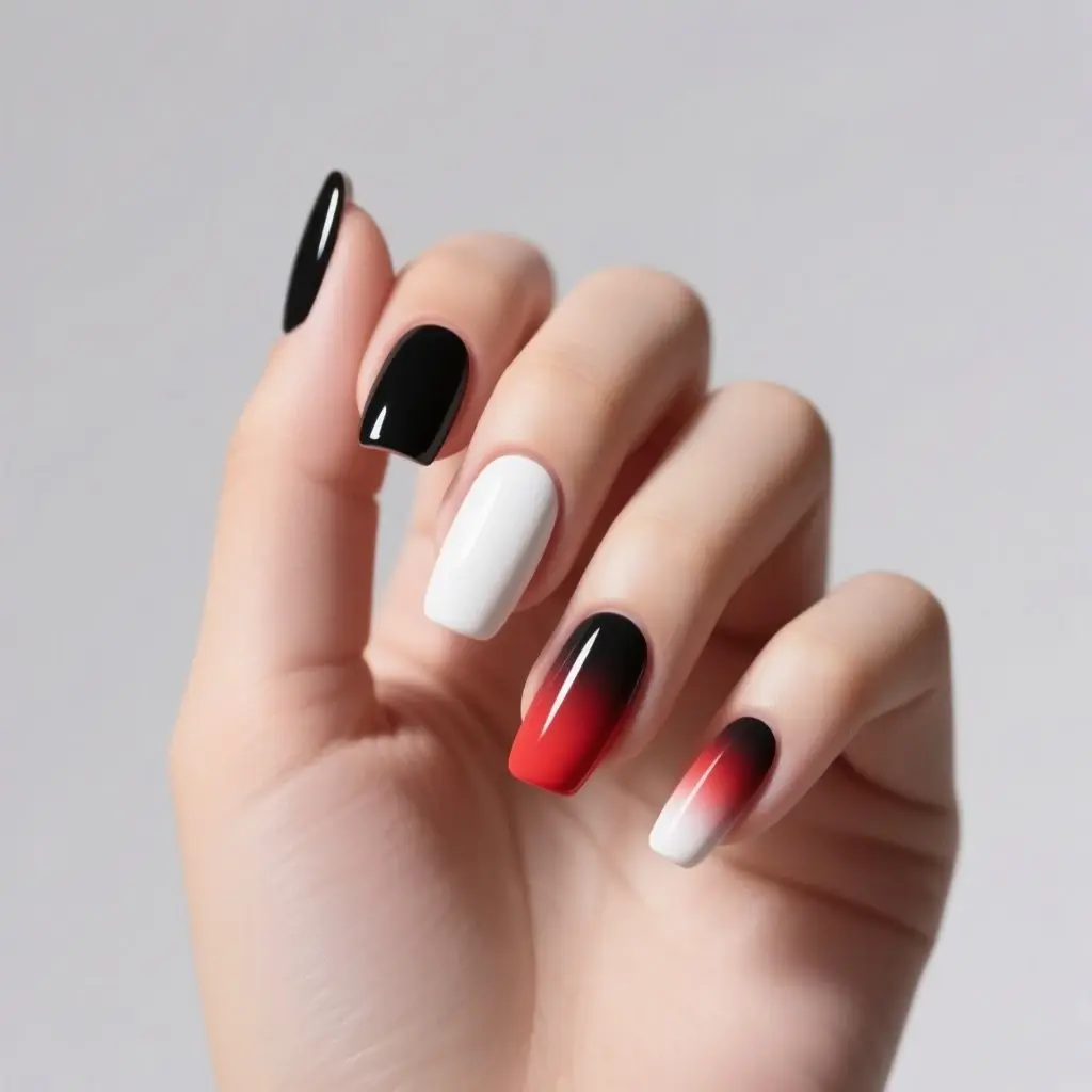 black and white almond medium nails with ombre