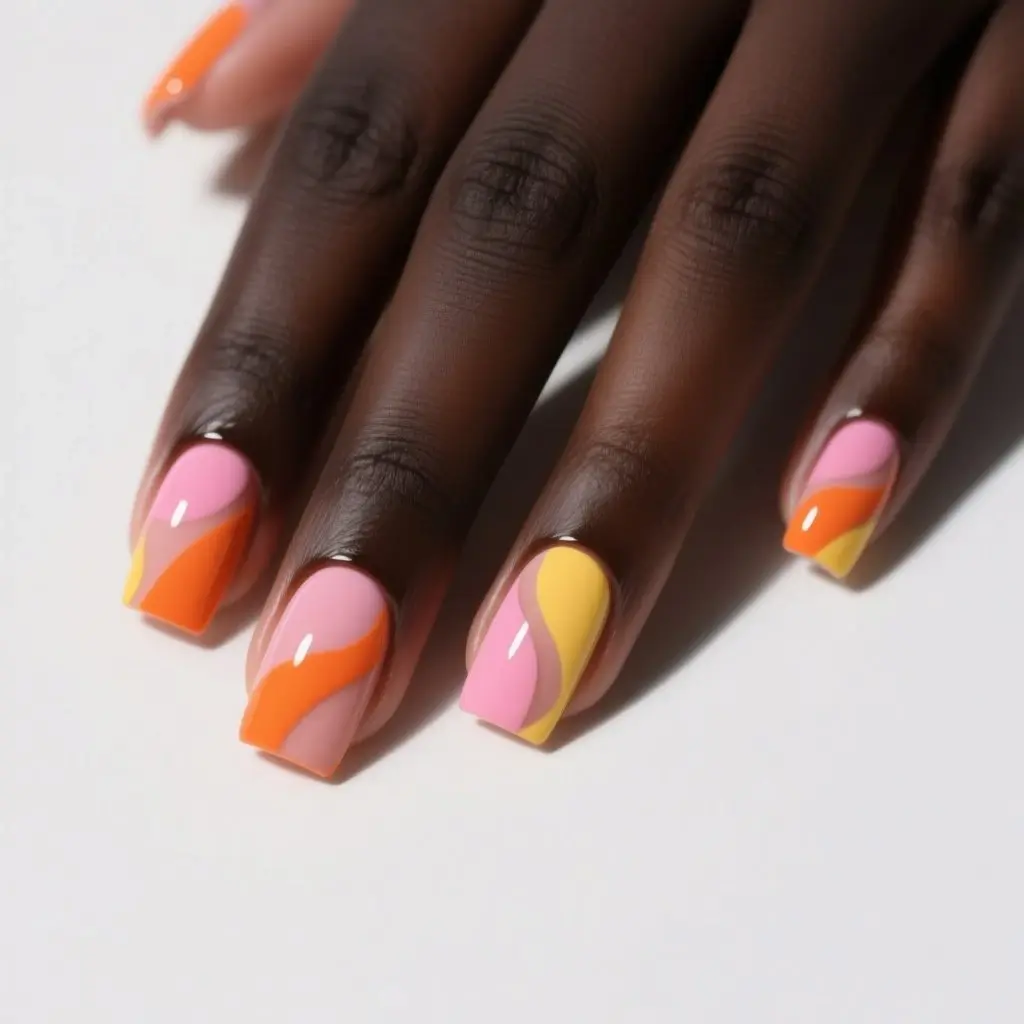 orange and pink square medium nails with abstract