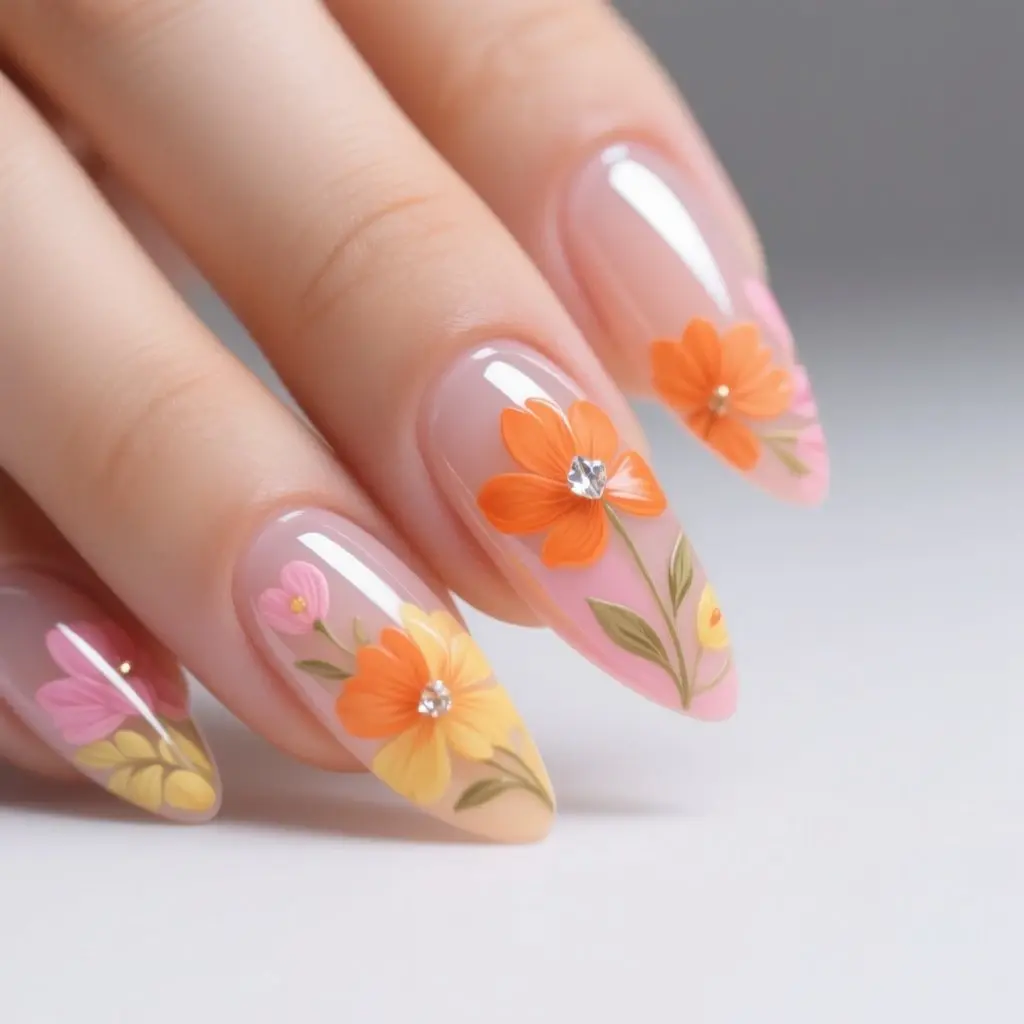 orange and pink stiletto medium nails with floral