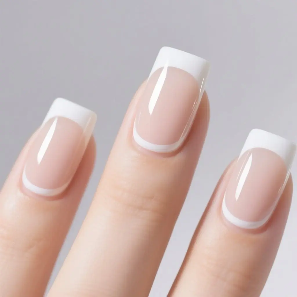 nude and white square medium nails with french and minimalist