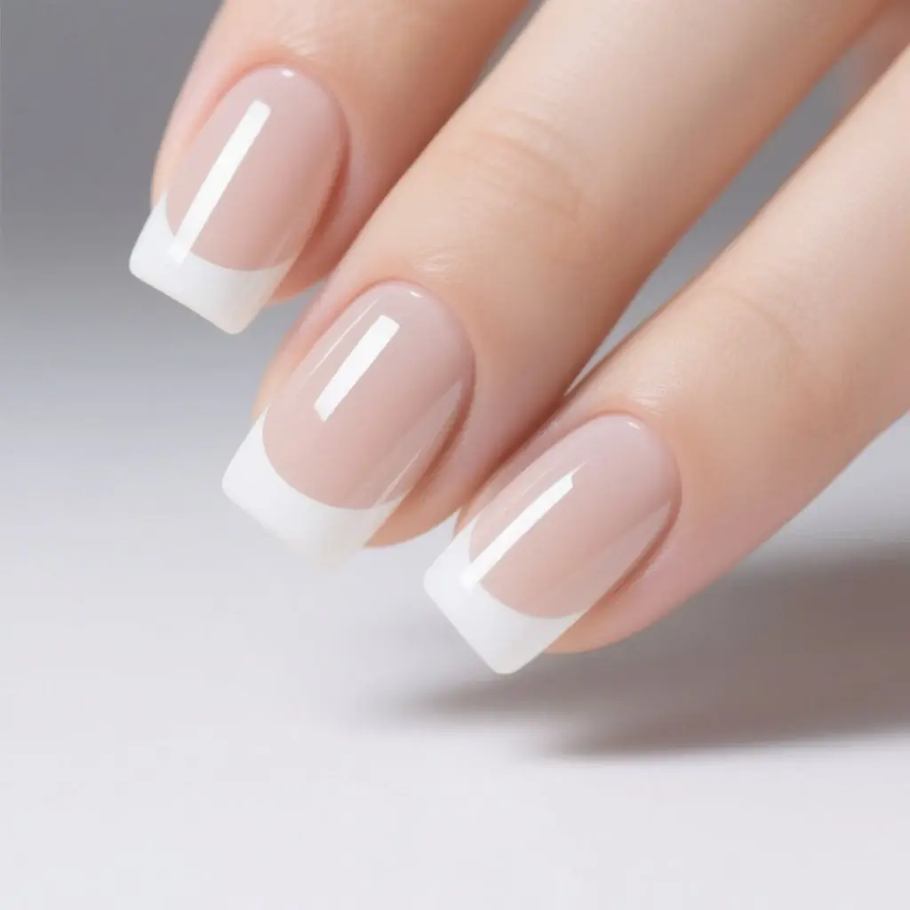 nude and white square medium nails with french and minimalist