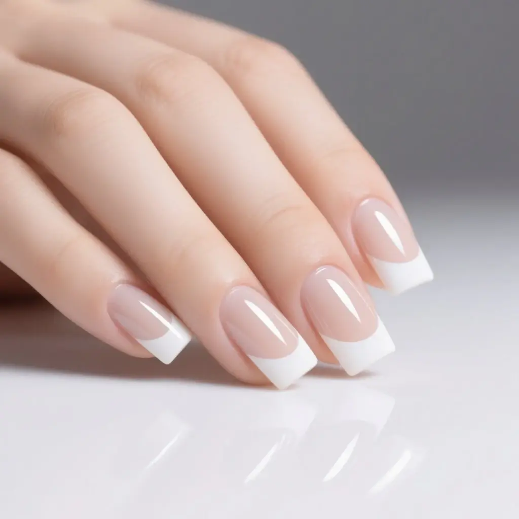 nude and white square medium nails with french