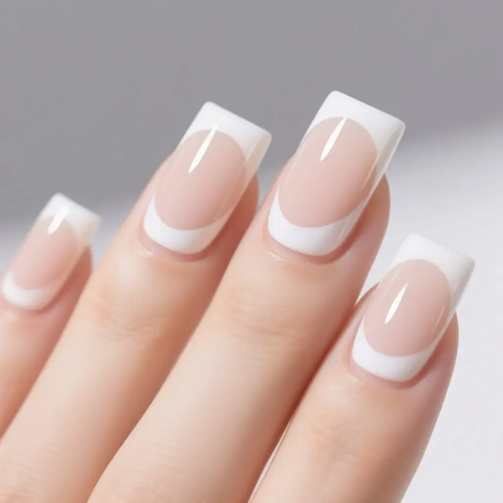 nude and white square medium nails with french