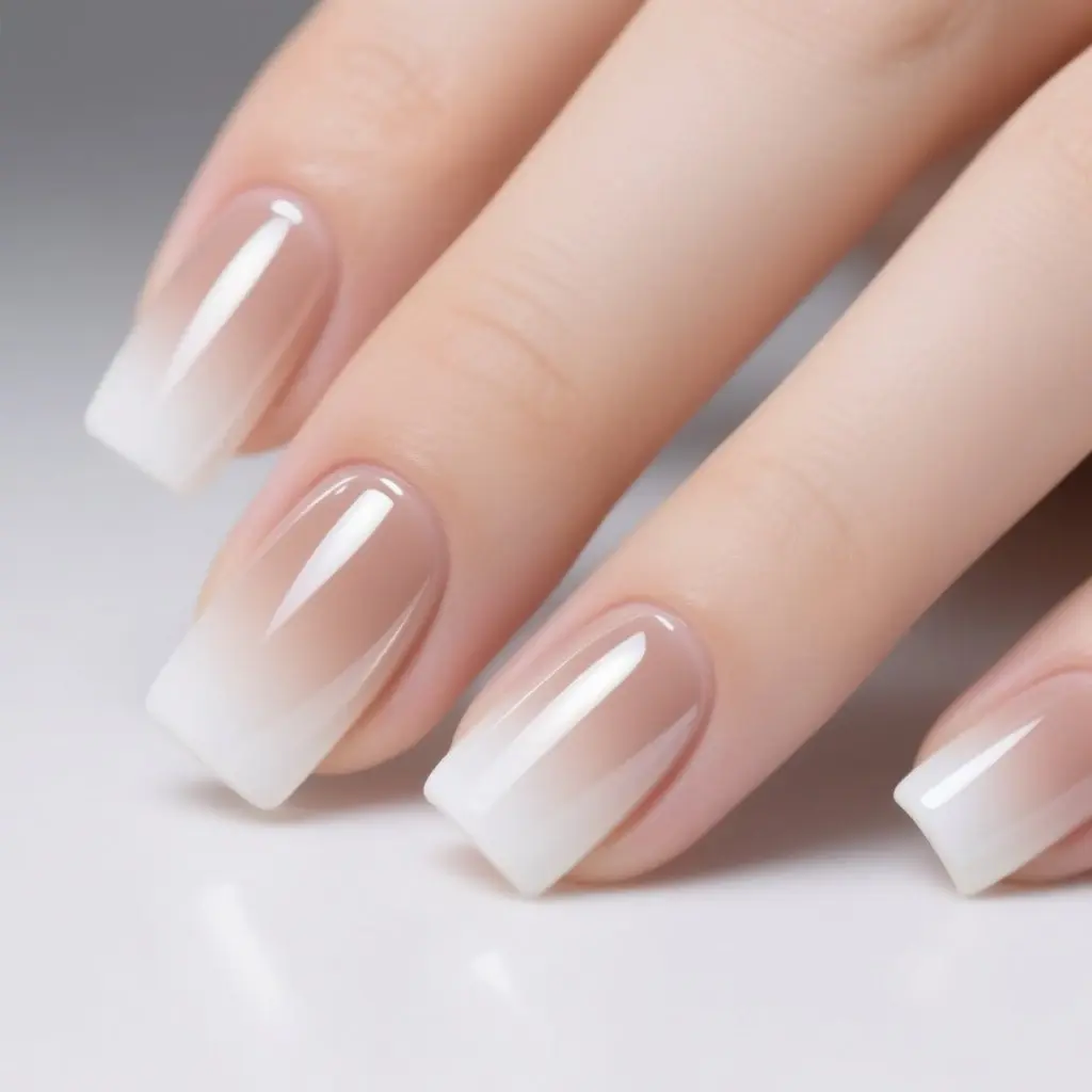 nude and white square medium nails with ombre