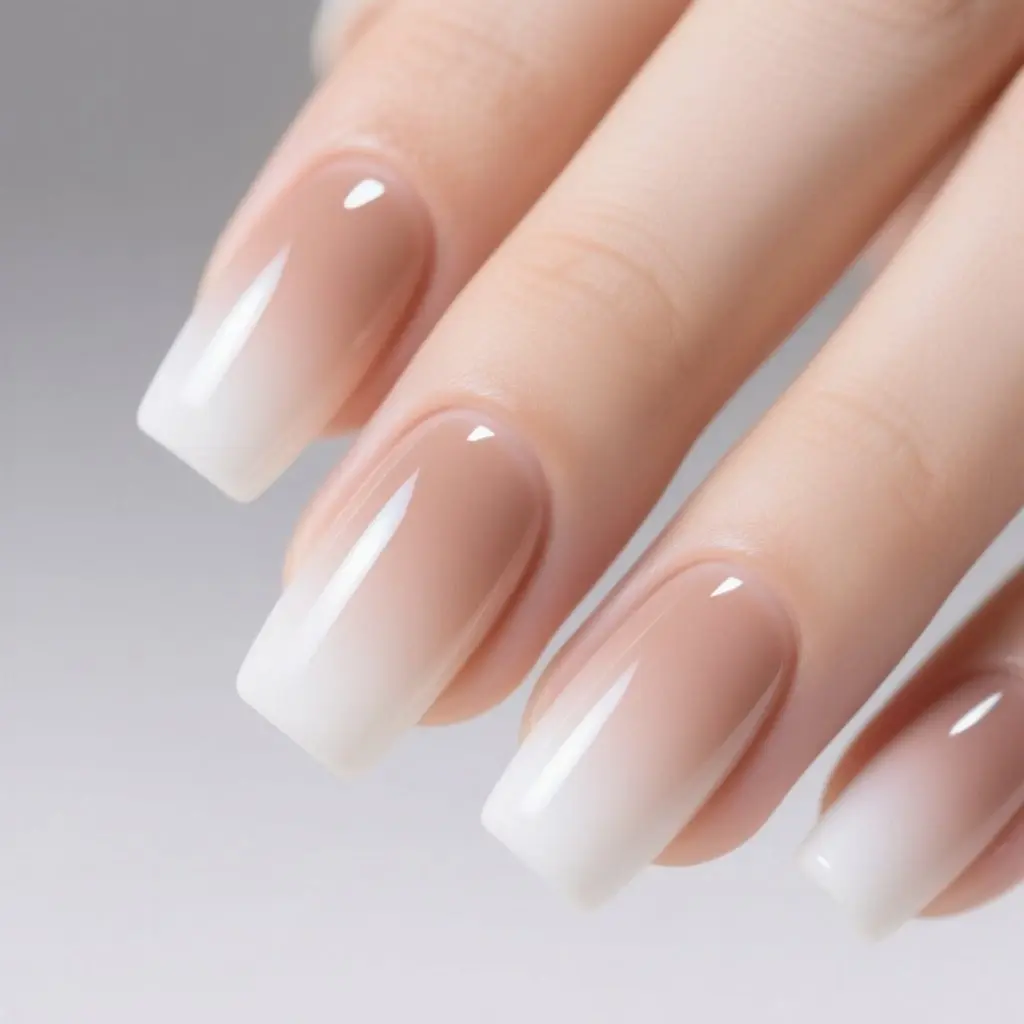 nude and white square medium nails with ombre