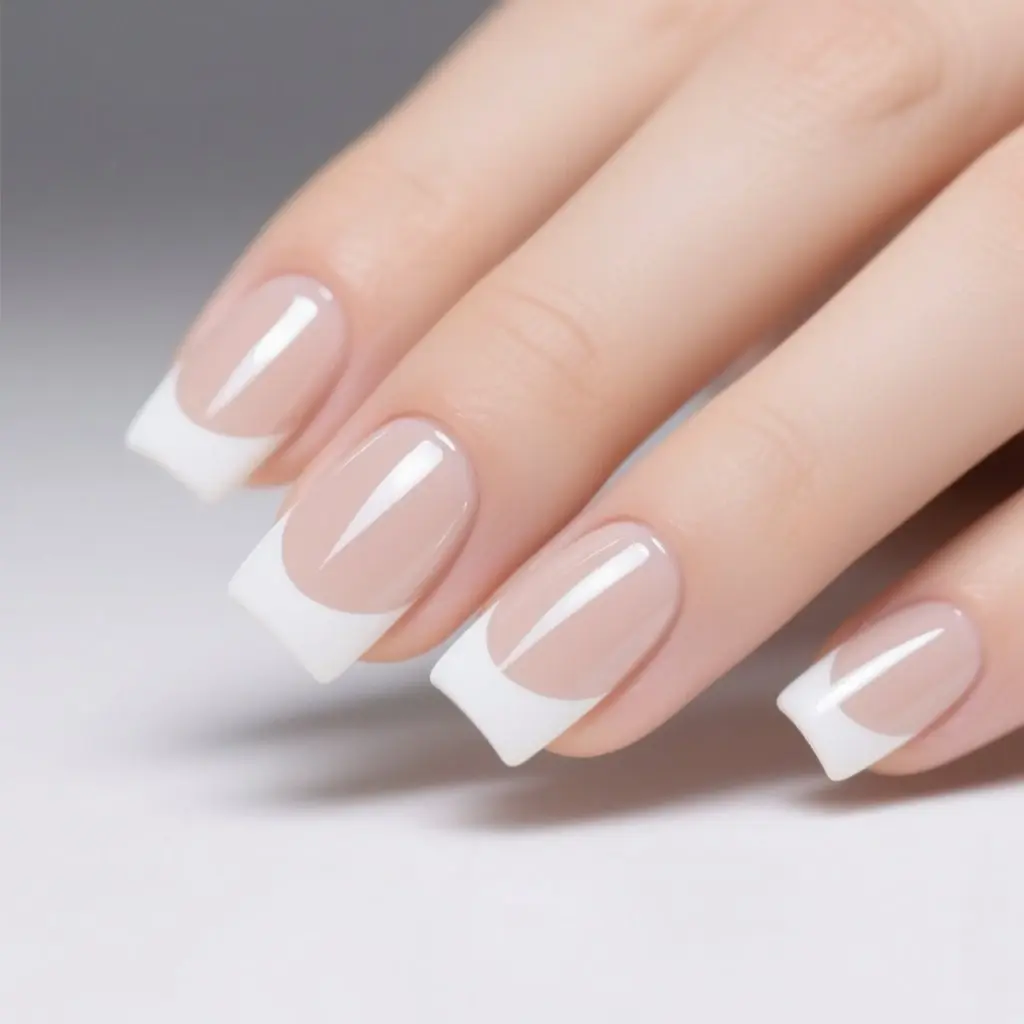nude and white square medium nails with french