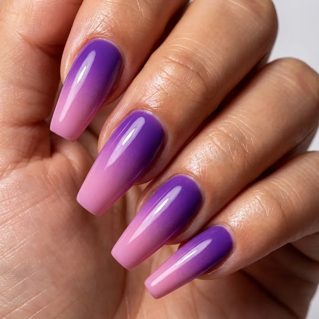 purple and pink coffin long nails with ombre and glossy