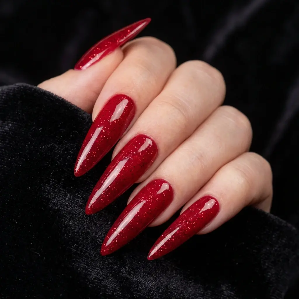 red stiletto long nails with glitter and glamorous