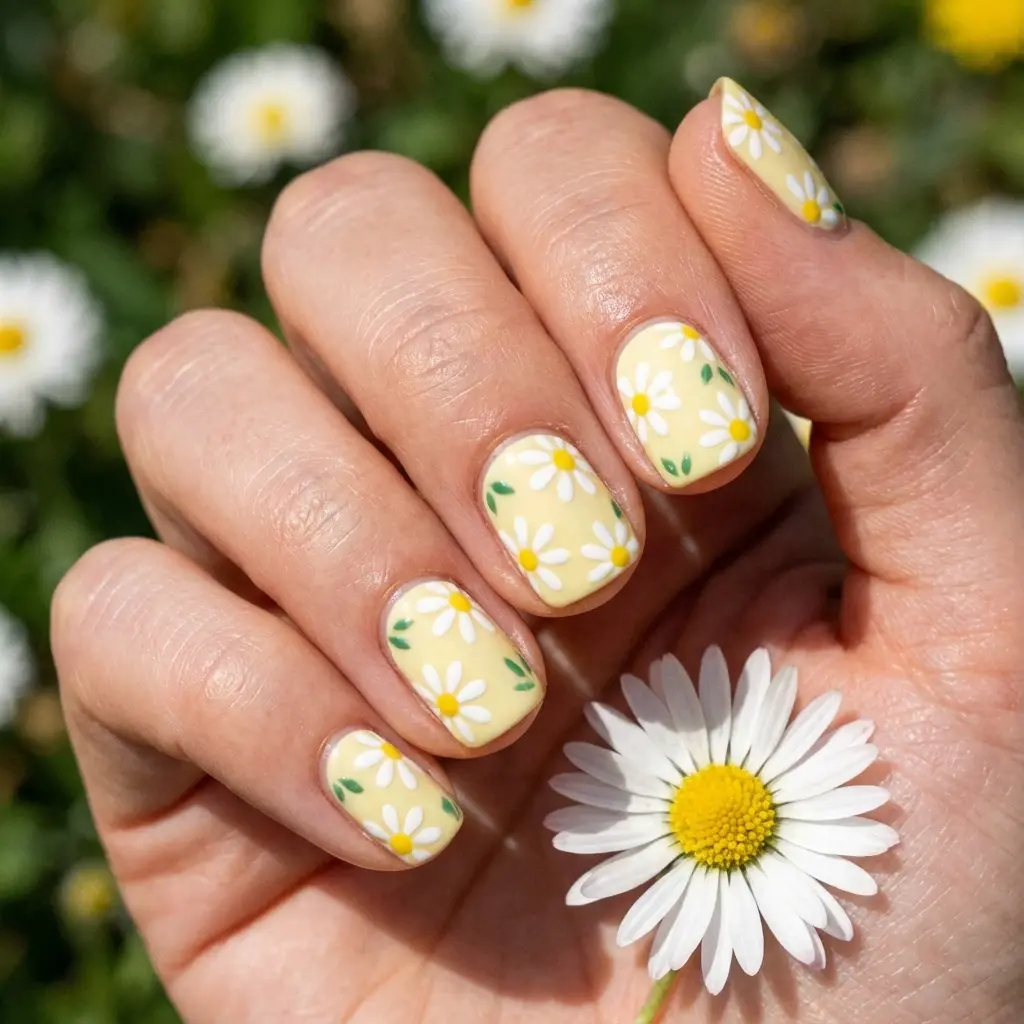 yellow and white square short nails with floral and minimalist