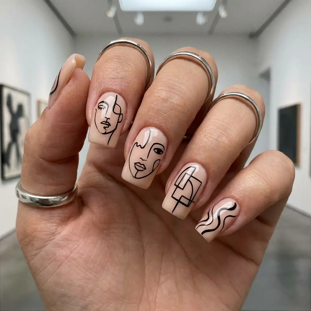 black and nude square short nails with abstract and minimalist